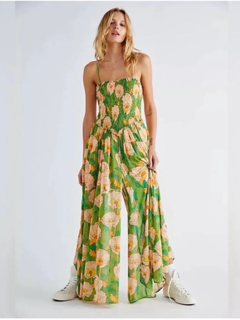 Free People Sophia jumpsuit Green Floral Smocked Wide-Leg